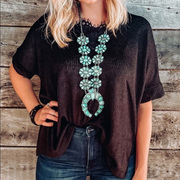 Tops - White Birch Black Lace V-Neck Cuffed Short Sleeve Top